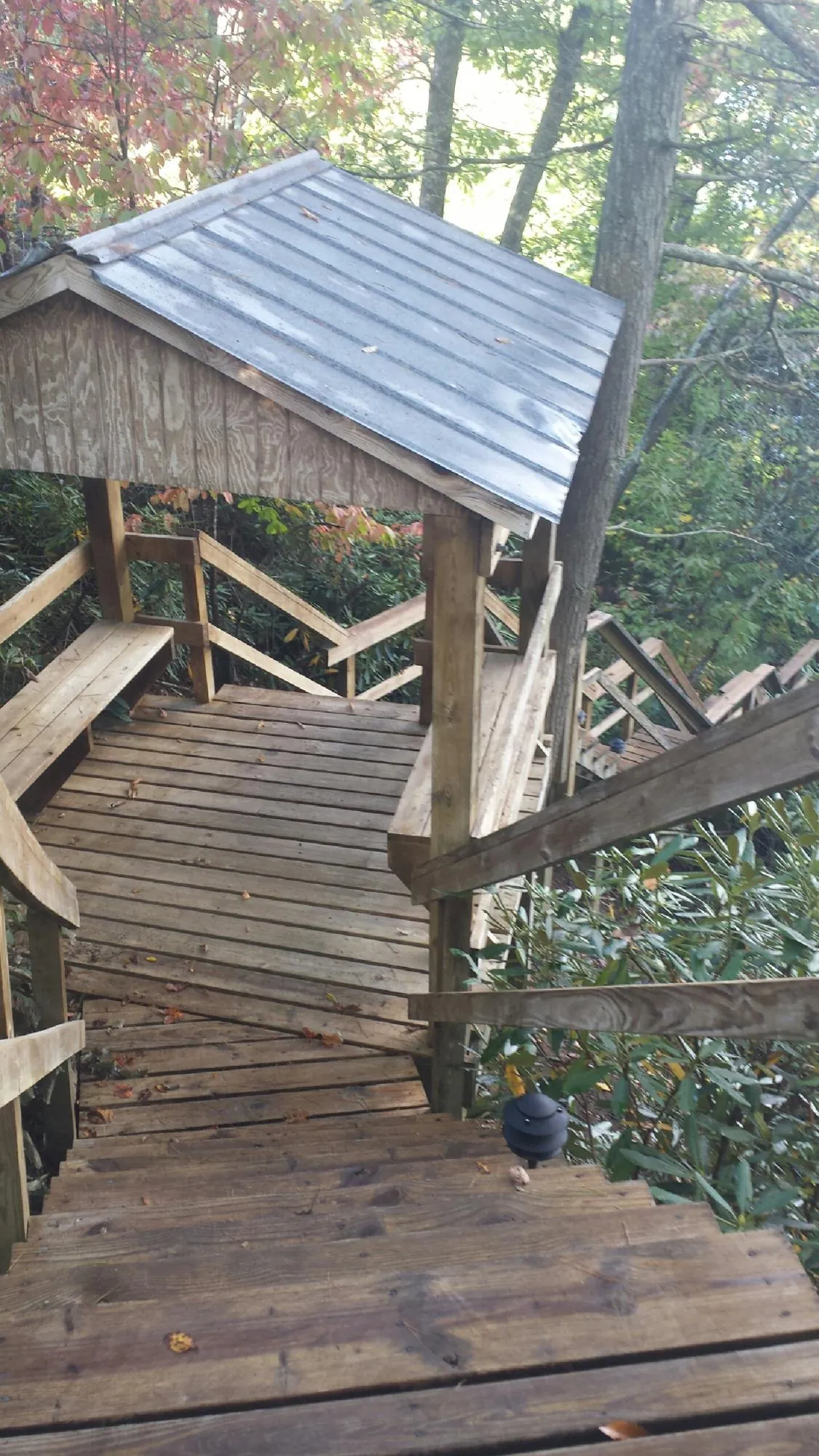 Metal roofed shelter over wooden steps on a wooded walkway — Skylight Repair & Installation work by our crew in Candler